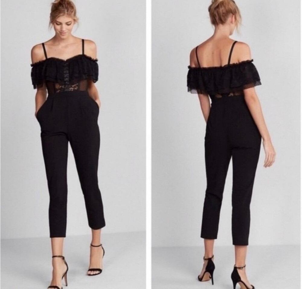Express Black Lace Off Shoulder Ruffle Jumpsuit Size S corset style clasp